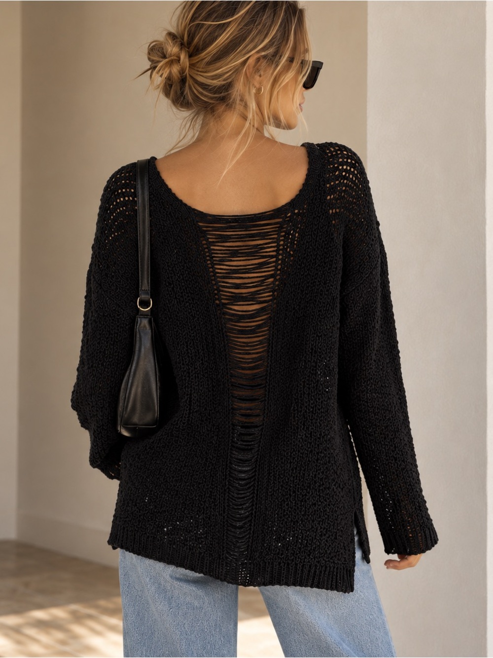 ASTR The Label Slash Back Open Knit Sweater Black XS